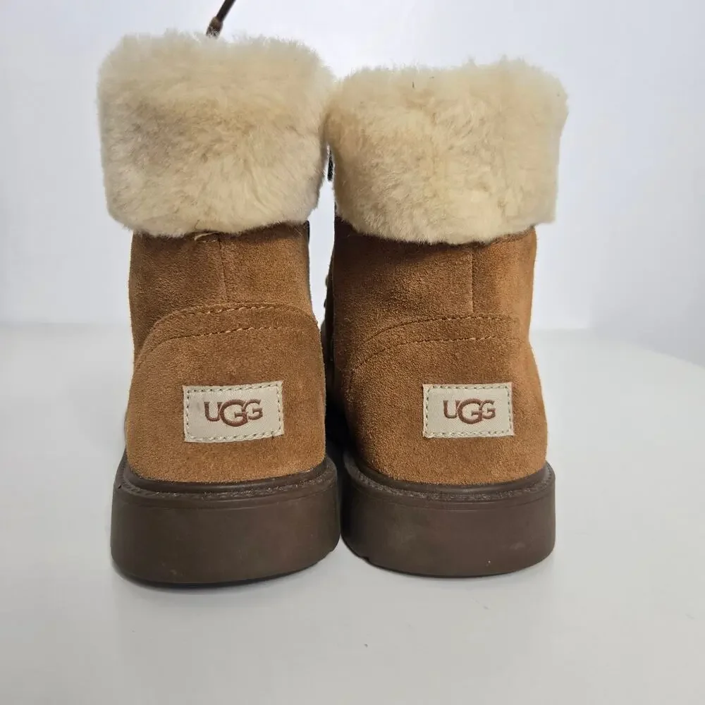 UGG Big Kid Azell Hiker Weather Boots Brown Suede Side Zip Chestnut 6